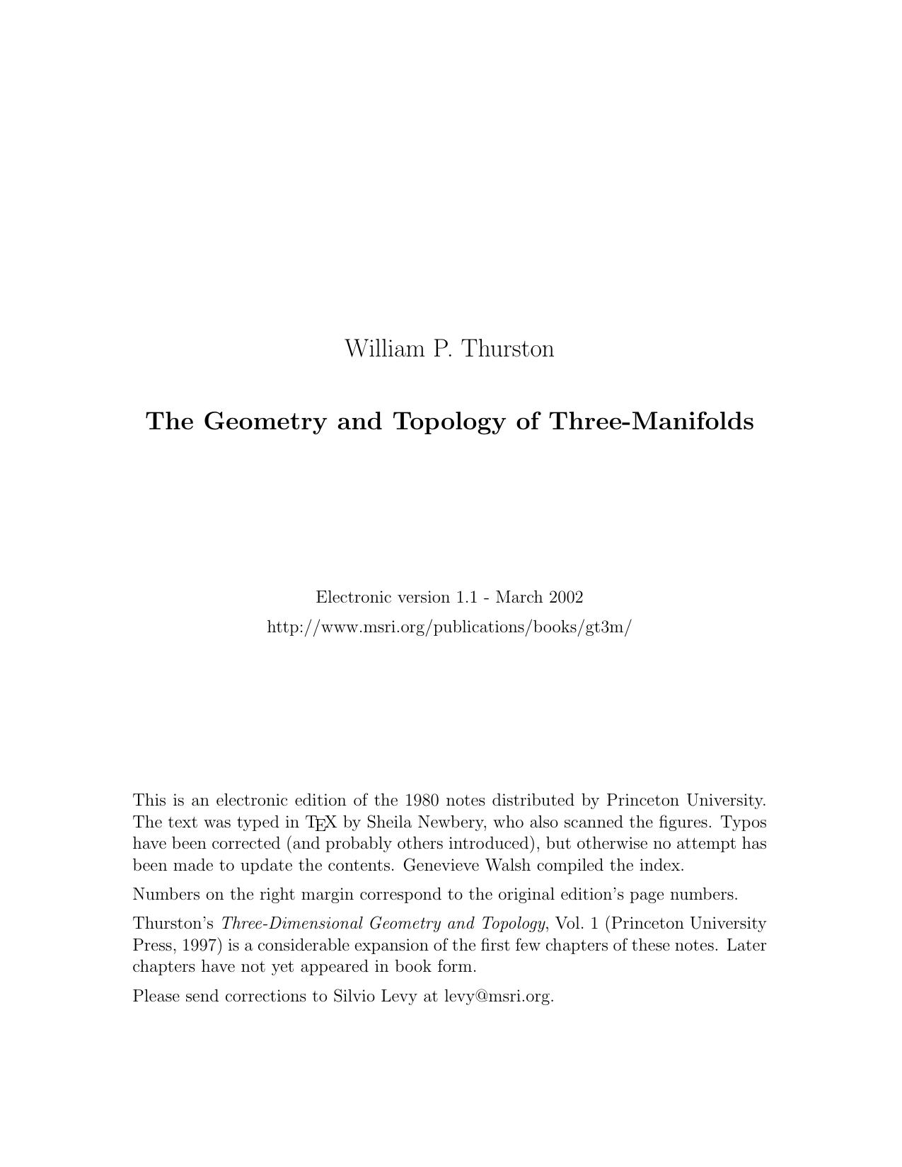 1_QccwOVOm_Geometry and Topology of 3-manifolds - W P Thurston