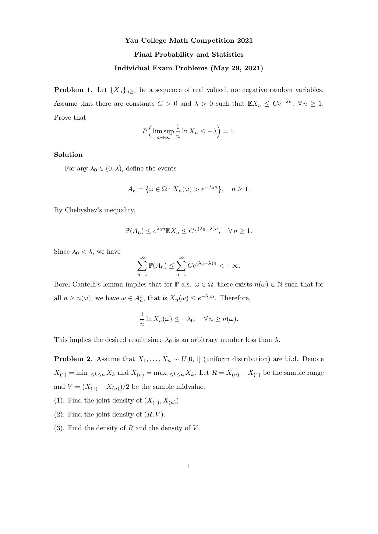 1_91aN1mDn_概率统计-Individual Exam (2021 Solutions)