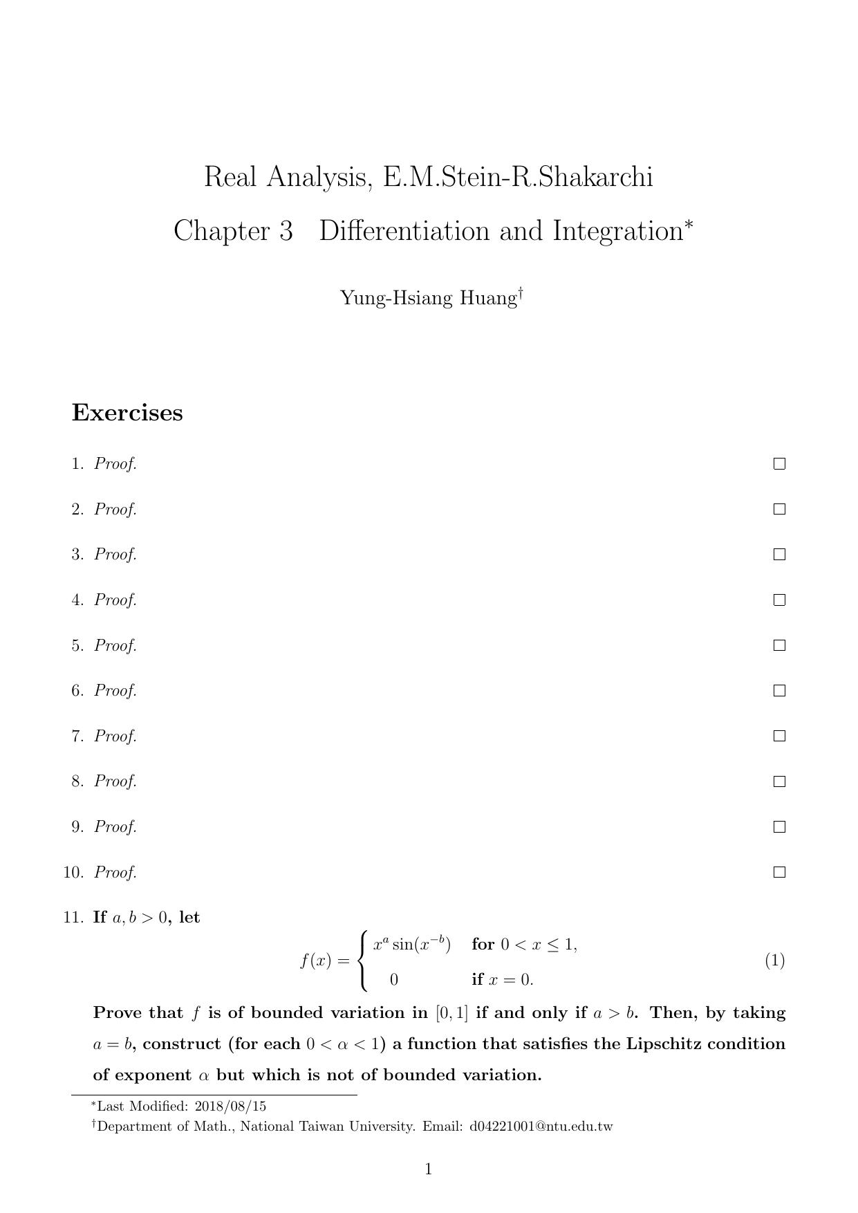 1_DCOinW1P_Stein-Shakarchi Real Analysis Solution Chapter 3 Differentiation and Integration